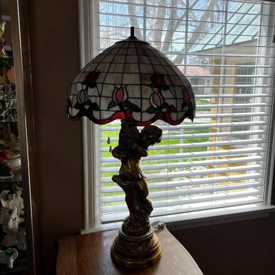 Large Cherub Lamp with Tiffany Art & Glass Tiffany Style Glass Shade