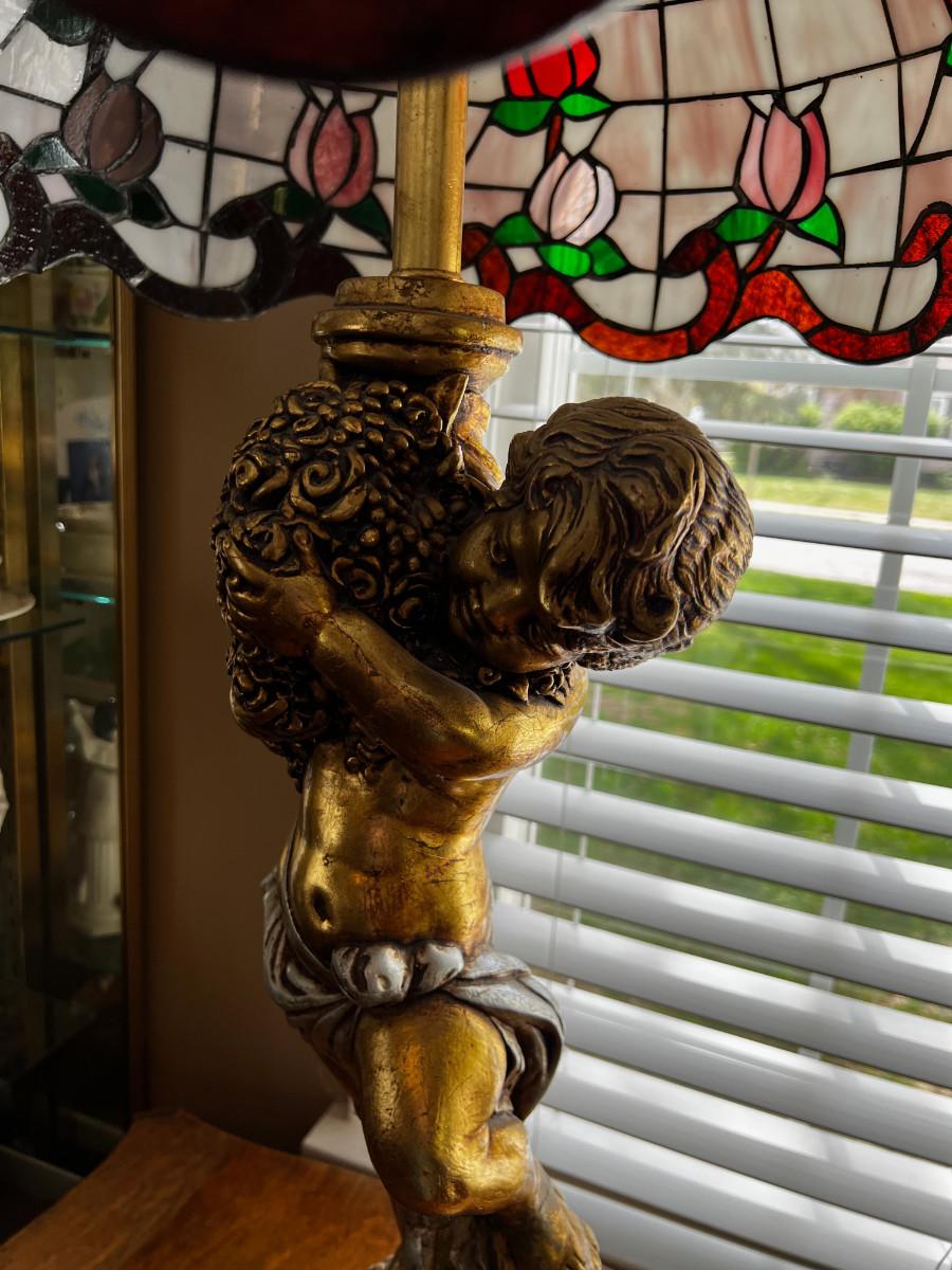 Large Cherub Lamp with Tiffany Art & Glass Tiffany Style Glass Shade