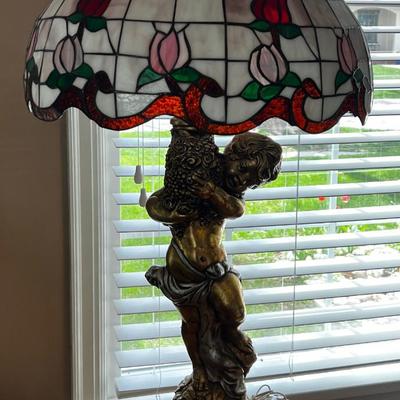 Large Cherub Lamp with Tiffany Art & Glass Tiffany Style Glass Shade