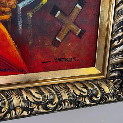 ART! Hopi, oil on Canvas Kachinas Framed Signed Black 07