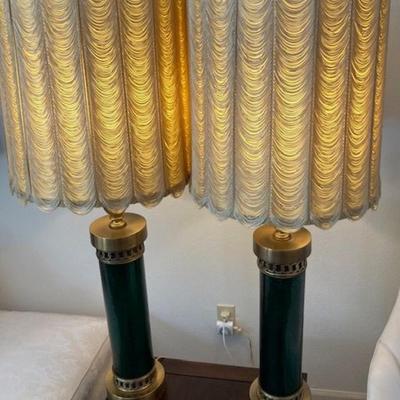 Two Vintage Green And Gold Lamps With Brass Base