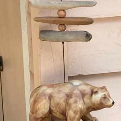 Chimes With Ceramic Bear, Ceramic Bell And Driftwood
