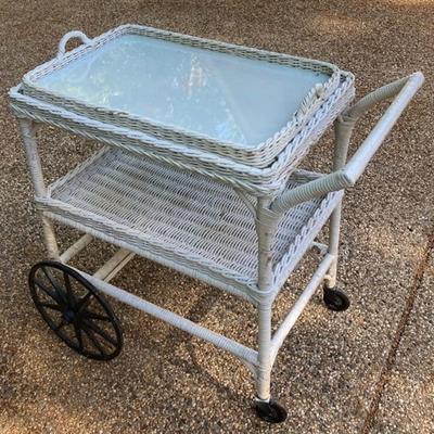 Vintage Rattan Garden Cart With Glass Tray