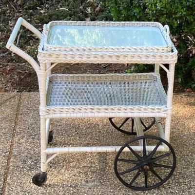 Vintage Rattan Garden Cart With Glass Tray