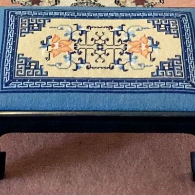 Blue Embroidered Foot Stool With Black Base