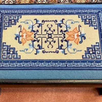 Blue Embroidered Foot Stool With Black Base