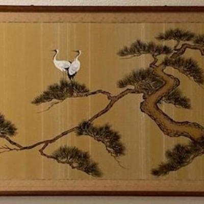 Asian Silk Painting White Birds In Tree