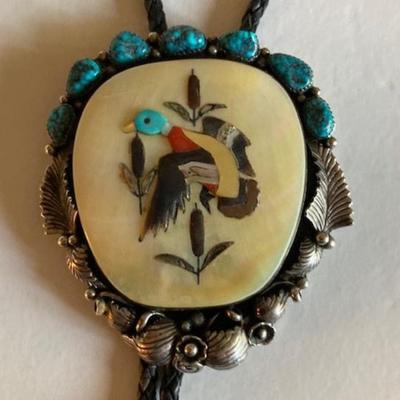 Large Sterling, Turquoise And Mother Of Pearl Bolo Tie By Navajo Artist Tom Willeto