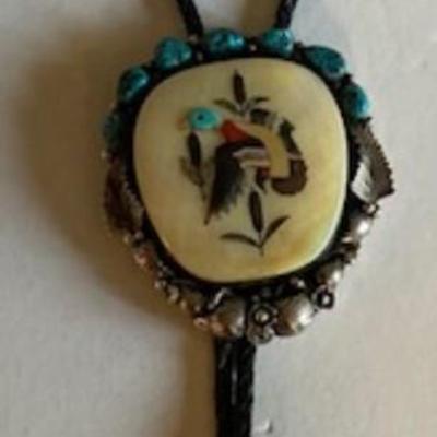 Large Sterling, Turquoise And Mother Of Pearl Bolo Tie By Navajo Artist Tom Willeto