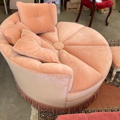 1960's Retro Oversized Round Peach Chair With Foot Stool