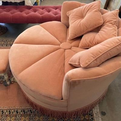 1960's Retro Oversized Round Peach Chair With Foot Stool