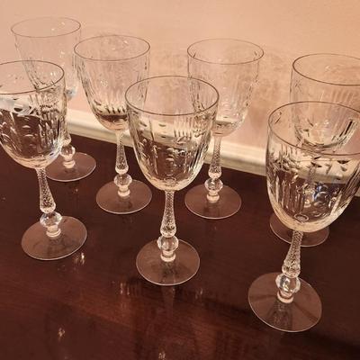 Lot #138  Lot of 7 Etched Crystal Wine Glasses