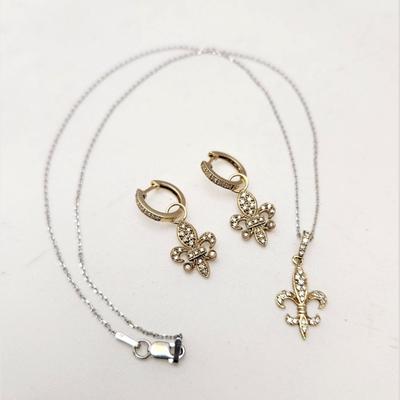 Lot #139  14kt Yellow and White Gold/Diamond Fleur di Lis Necklace & Earring set