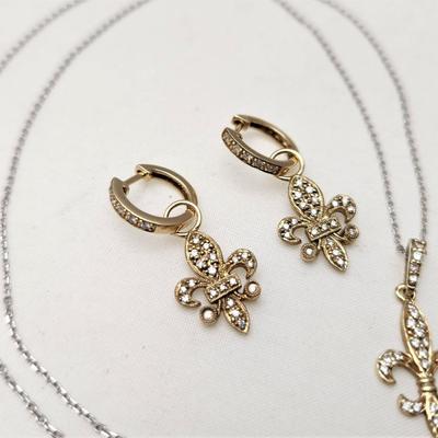 Lot #139  14kt Yellow and White Gold/Diamond Fleur di Lis Necklace & Earring set