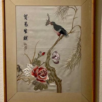 Embroidered Silk Art In Bamboo Frame