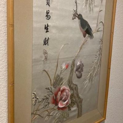 Embroidered Silk Art In Bamboo Frame