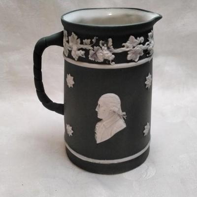 Rare Antique Schafer & Vater Green Jasperware 3-5/8" Pitcher / Jug, 18th C Portraits Circa 1910 (Germany)