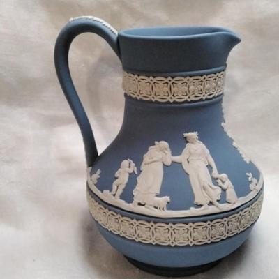 English Wedgwood Neoclassical Blue and White Jasperware Pitcher