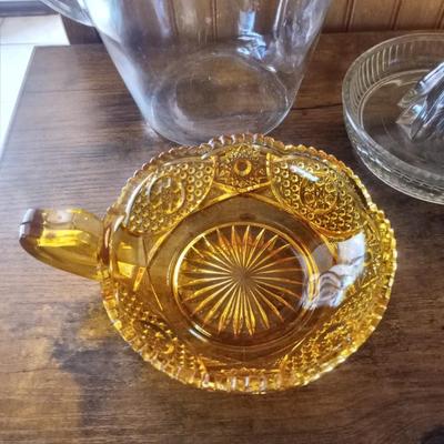GLASS JUICER, PITCHER, WATER BOTTLE AND AMBER GLASS DISH