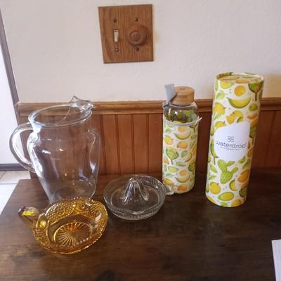 GLASS JUICER, PITCHER, WATER BOTTLE AND AMBER GLASS DISH