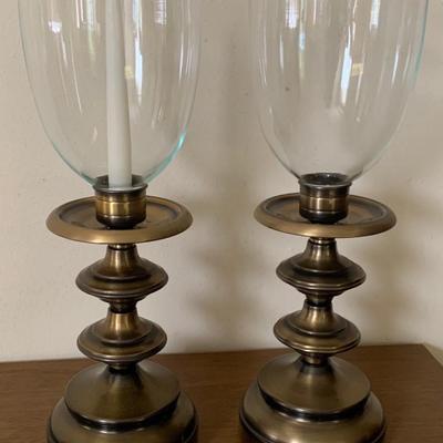 Brass Candle Holders with Glass Chimneys