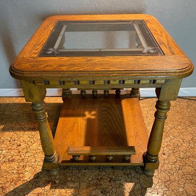 Oak Faux Leaded Glass Top Side Table #1