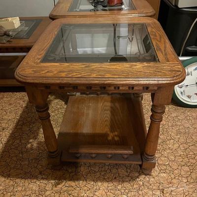 Oak Faux Leaded Glass Top Side Table #1