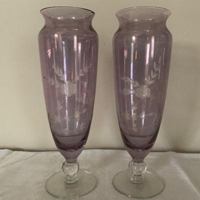 Pair Lavender Etched Bud Vases