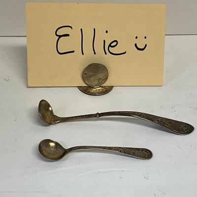 Antique sterling silver serving spoon, place card holder lot