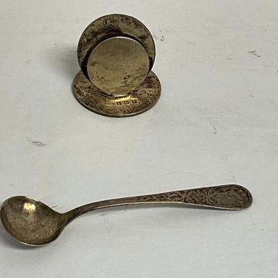 Antique sterling silver serving spoon, place card holder lot
