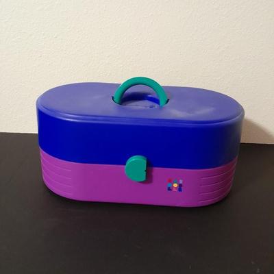 Original Caboodles 3 Tier Makeup Storage Carrying Case with Mirror and bottles of perfume / Cologne.