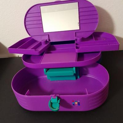 Original Caboodles 3 Tier Makeup Storage Carrying Case with Mirror and bottles of perfume / Cologne.