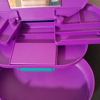 Original Caboodles 3 Tier Makeup Storage Carrying Case with Mirror and bottles of perfume / Cologne.