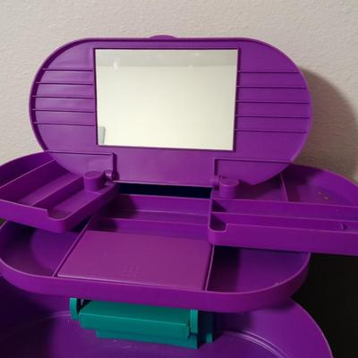 Original Caboodles 3 Tier Makeup Storage Carrying Case with Mirror and bottles of perfume / Cologne.