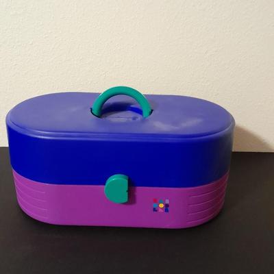 Original Caboodles 3 Tier Makeup Storage Carrying Case with Mirror and bottles of perfume / Cologne.