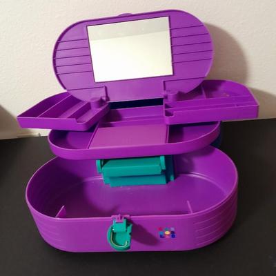 Original Caboodles 3 Tier Makeup Storage Carrying Case with Mirror and bottles of perfume / Cologne.