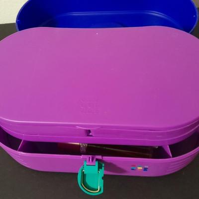 Original Caboodles 3 Tier Makeup Storage Carrying Case with Mirror and bottles of perfume / Cologne.