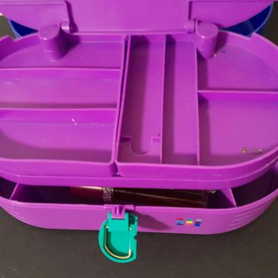 Original Caboodles 3 Tier Makeup Storage Carrying Case with Mirror and bottles of perfume / Cologne.