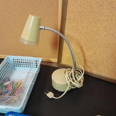 Office supplies, Vintage adjustable light, bulletin boards, Telephones, 3 ring binders, and more