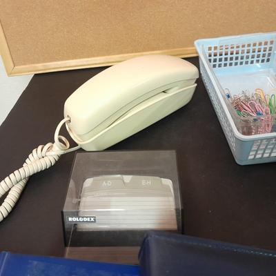 Office supplies, Vintage adjustable light, bulletin boards, Telephones, 3 ring binders, and more