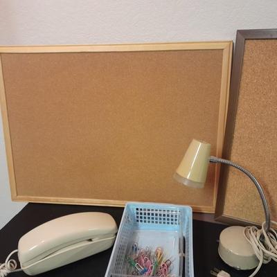 Office supplies, Vintage adjustable light, bulletin boards, Telephones, 3 ring binders, and more