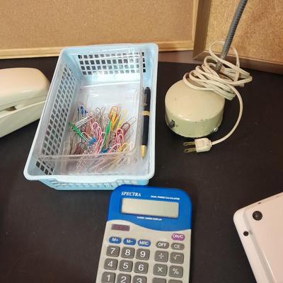 Office supplies, Vintage adjustable light, bulletin boards, Telephones, 3 ring binders, and more