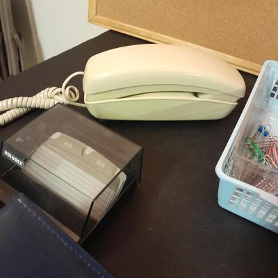 Office supplies, Vintage adjustable light, bulletin boards, Telephones, 3 ring binders, and more