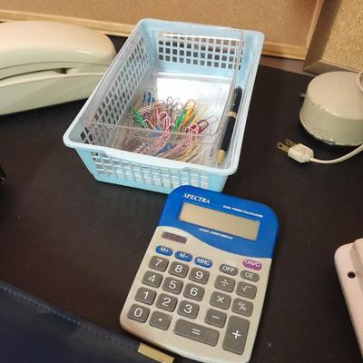 Office supplies, Vintage adjustable light, bulletin boards, Telephones, 3 ring binders, and more