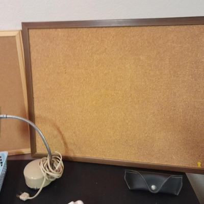 Office supplies, Vintage adjustable light, bulletin boards, Telephones, 3 ring binders, and more