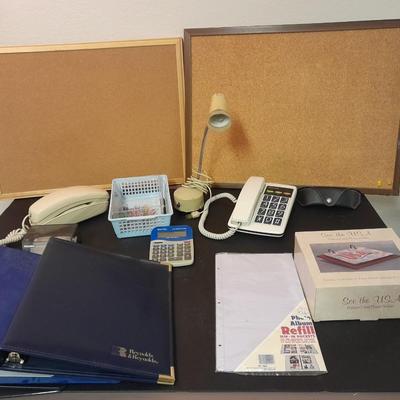 Office supplies, Vintage adjustable light, bulletin boards, Telephones, 3 ring binders, and more