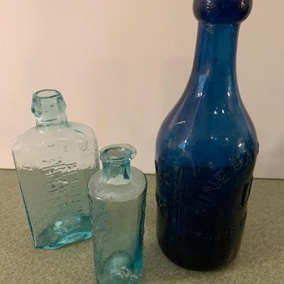 THREE Antique Bottles - Cobalt Blue New York Clear