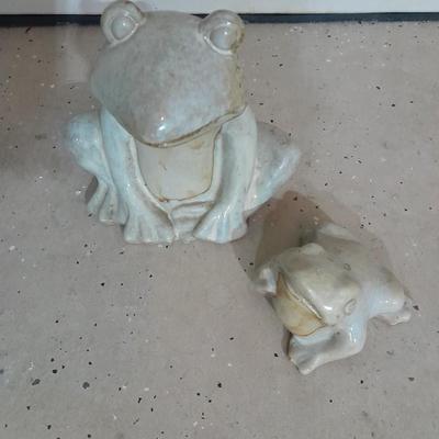 Two glazed ceramic yard frogs