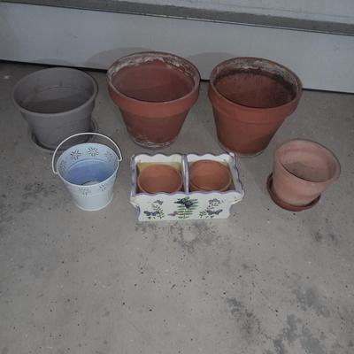 Terracotta Plant / flower pots one plastic pot, metal decorative bucket and wooden plant box