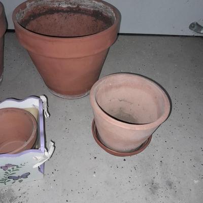 Terracotta Plant / flower pots one plastic pot, metal decorative bucket and wooden plant box